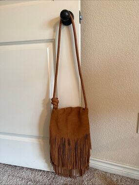 Moda Luxe Tan Fringe Crossbody Bag with Knotted Strap